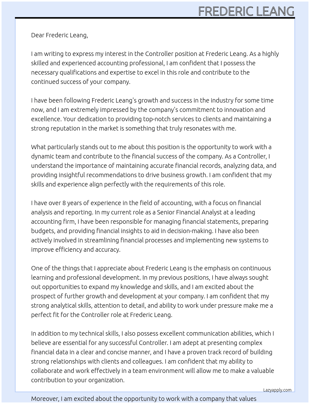 Controller At Frederic Leang Cover Letter