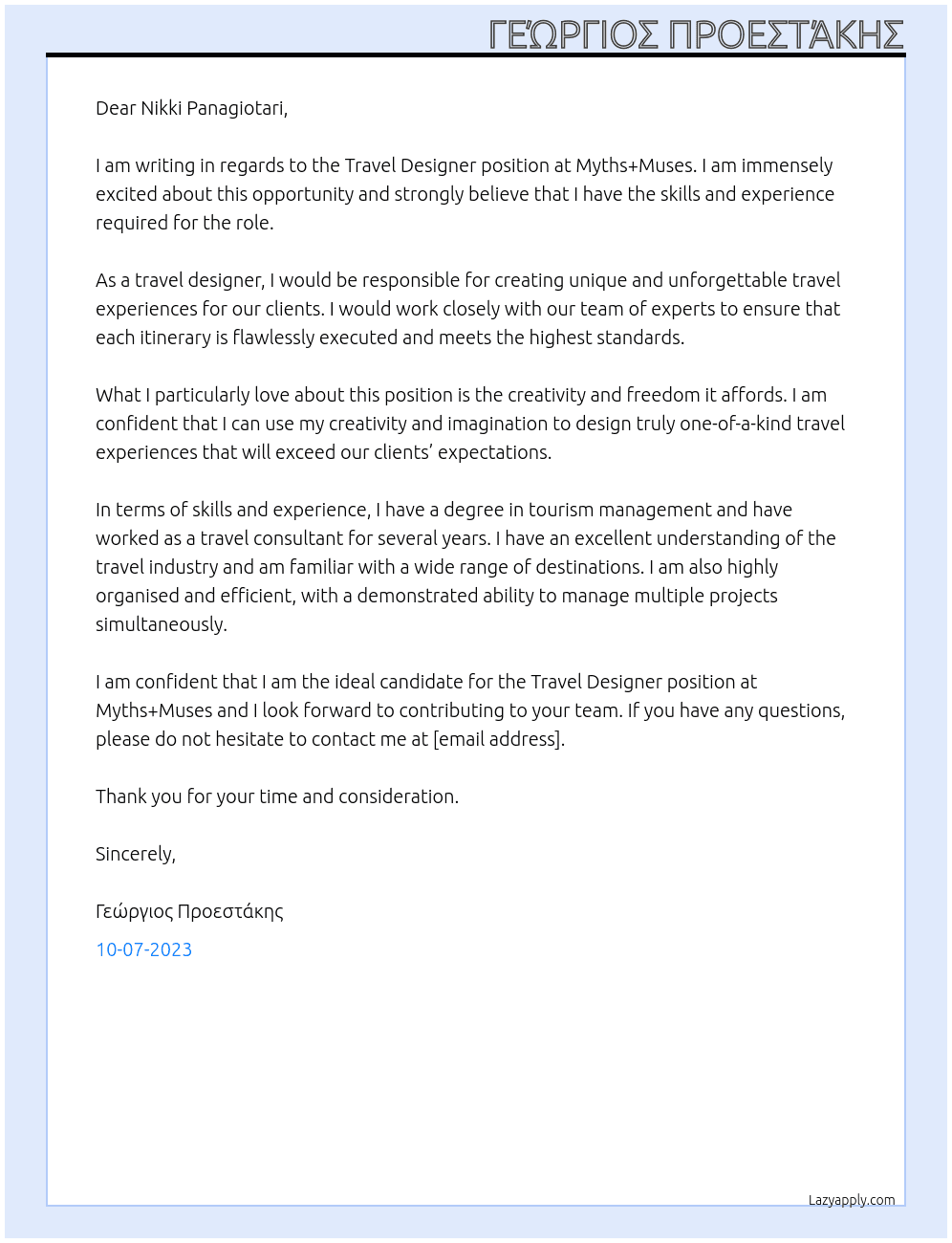Travel Designer At Myths+Muses Cover Letter