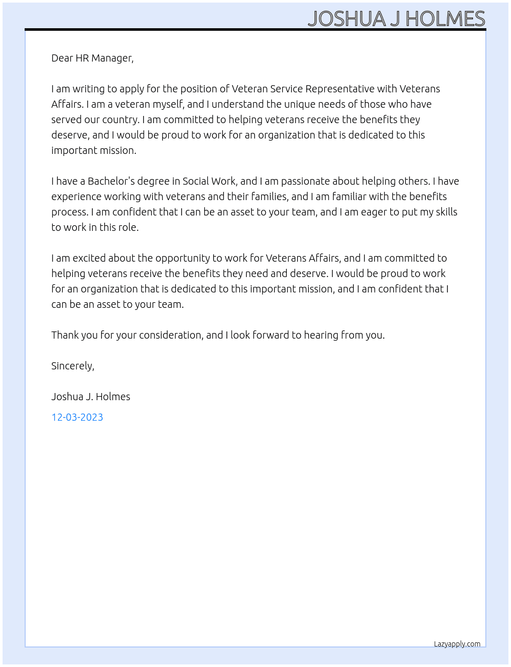 Veteran Service Repres At Veterans Affairs  Cover Letter