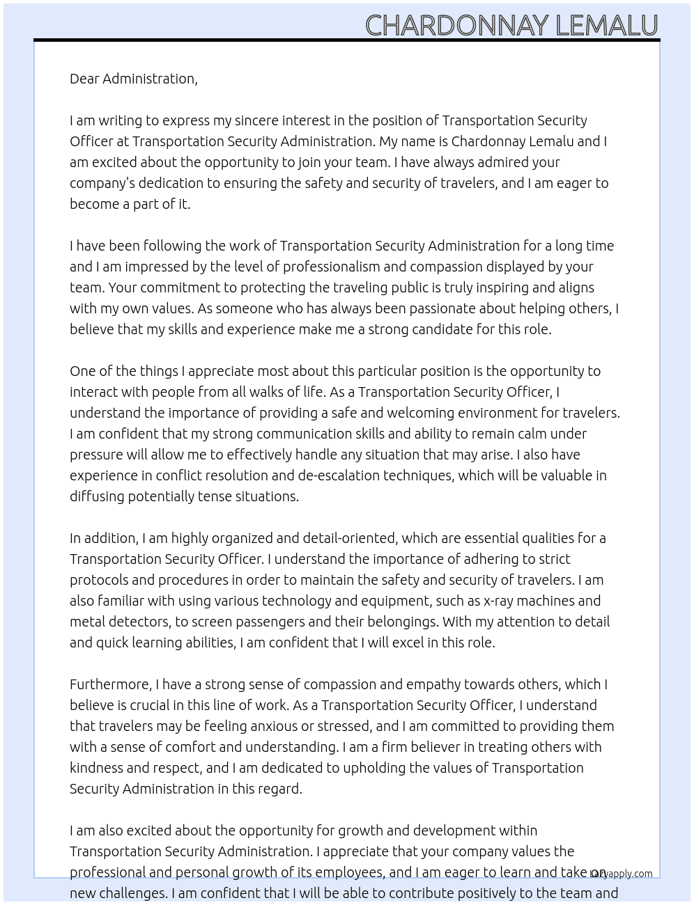 Transportation Security Officer At Transportation Security Administration Cover Letter