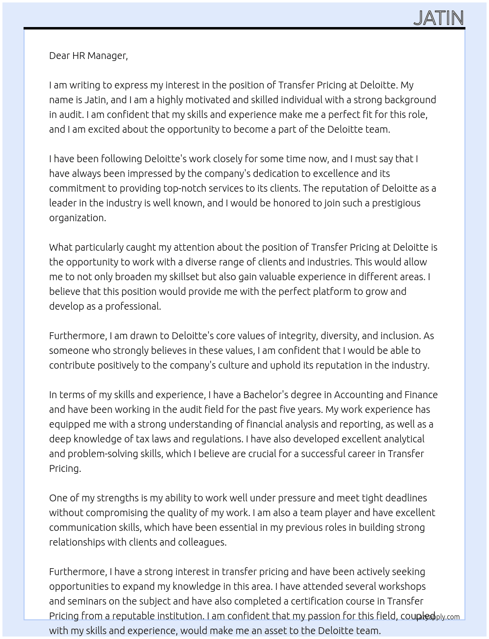 Transfer Pricing At Deloittee Cover Letter