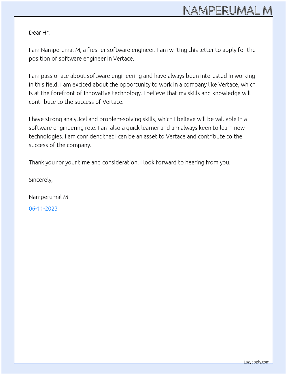 Fresher software engineer At Vertace Cover Letter