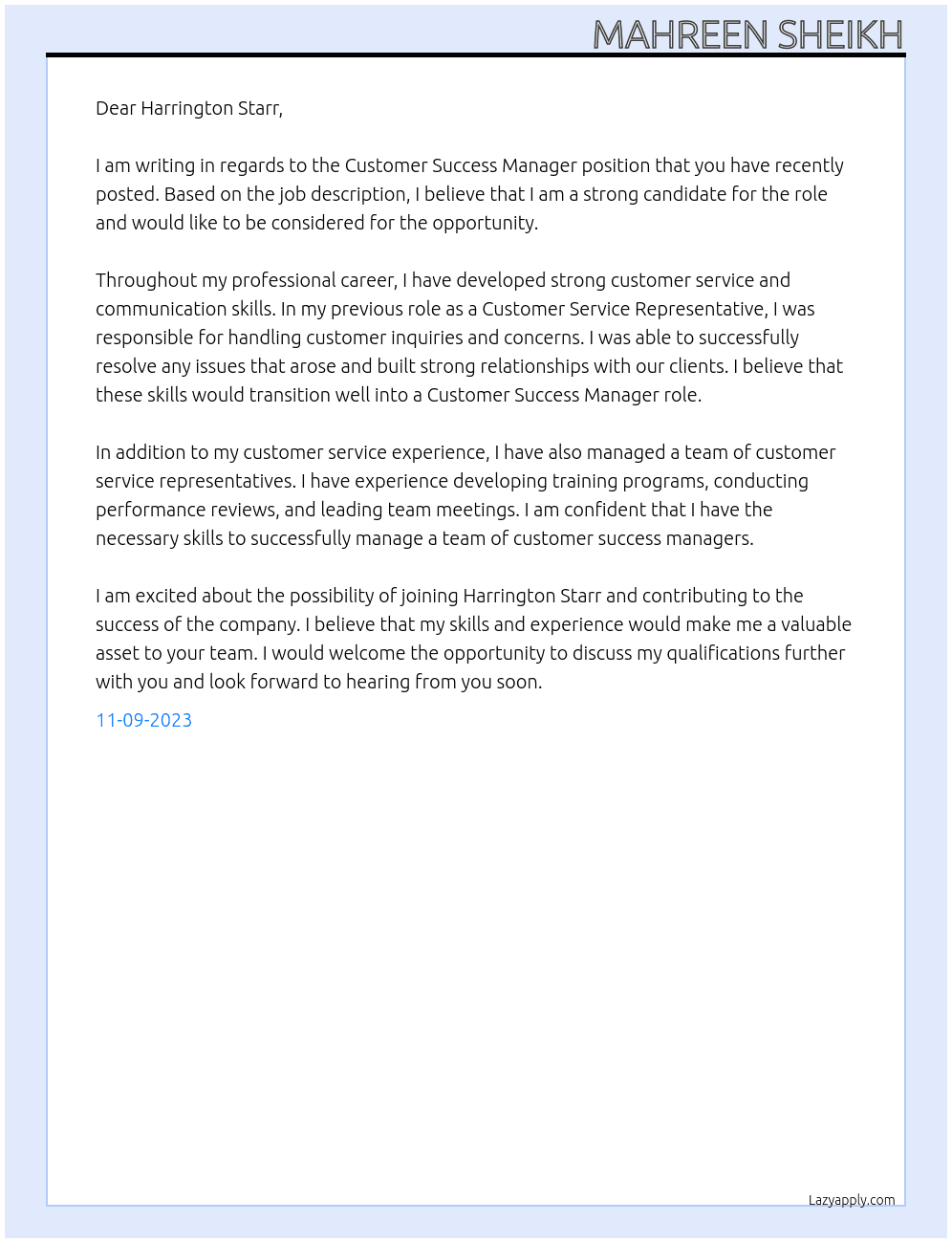 Customer Success Manager At Harrington Starr Cover Letter