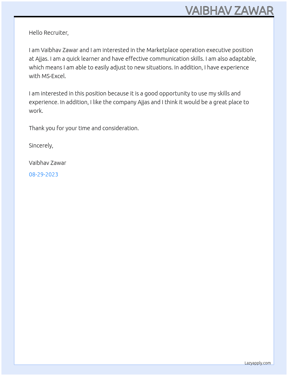 Marketplace operation excutive At Ajjas Cover Letter