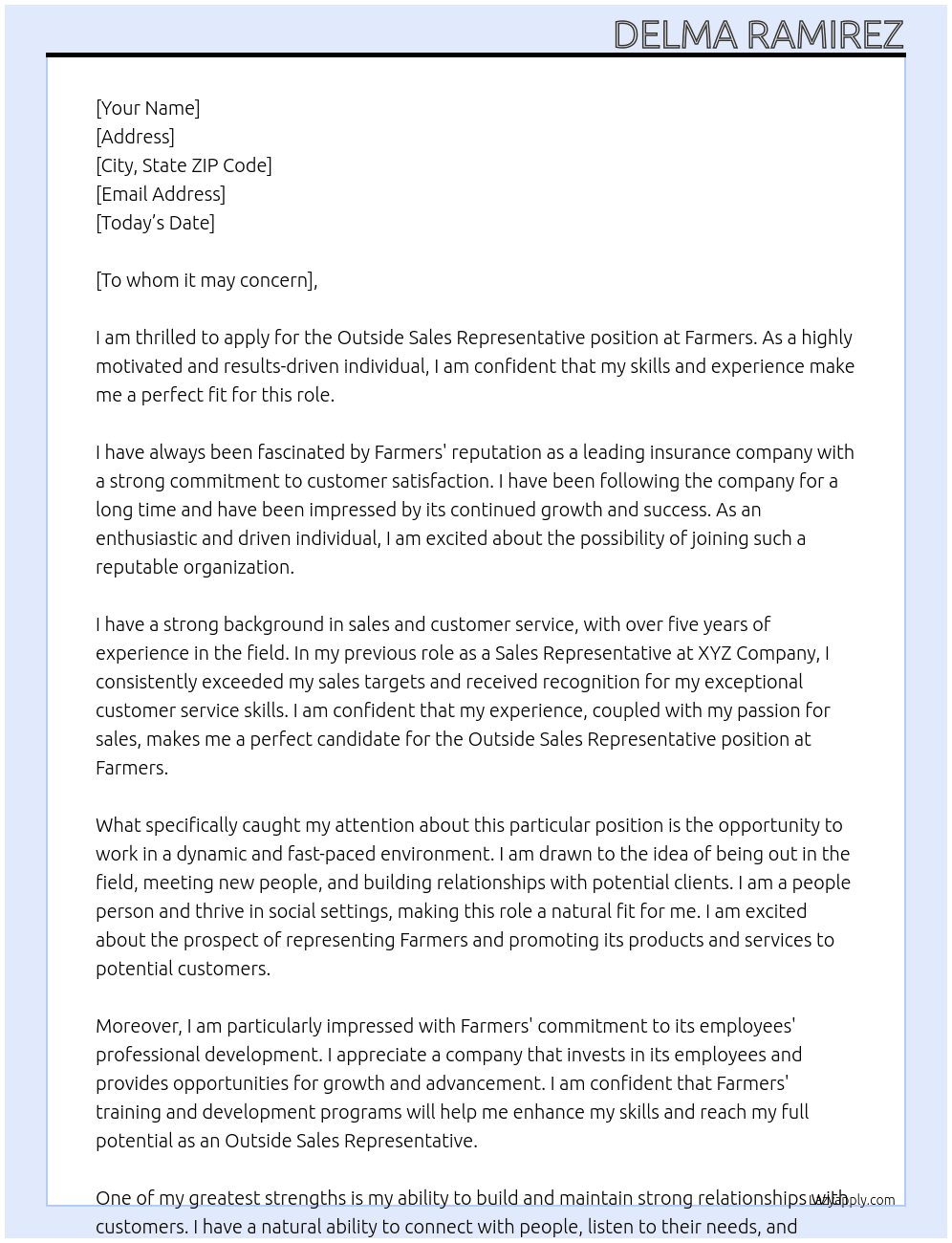 Outside Sales Representative  At Farmers Cover Letter