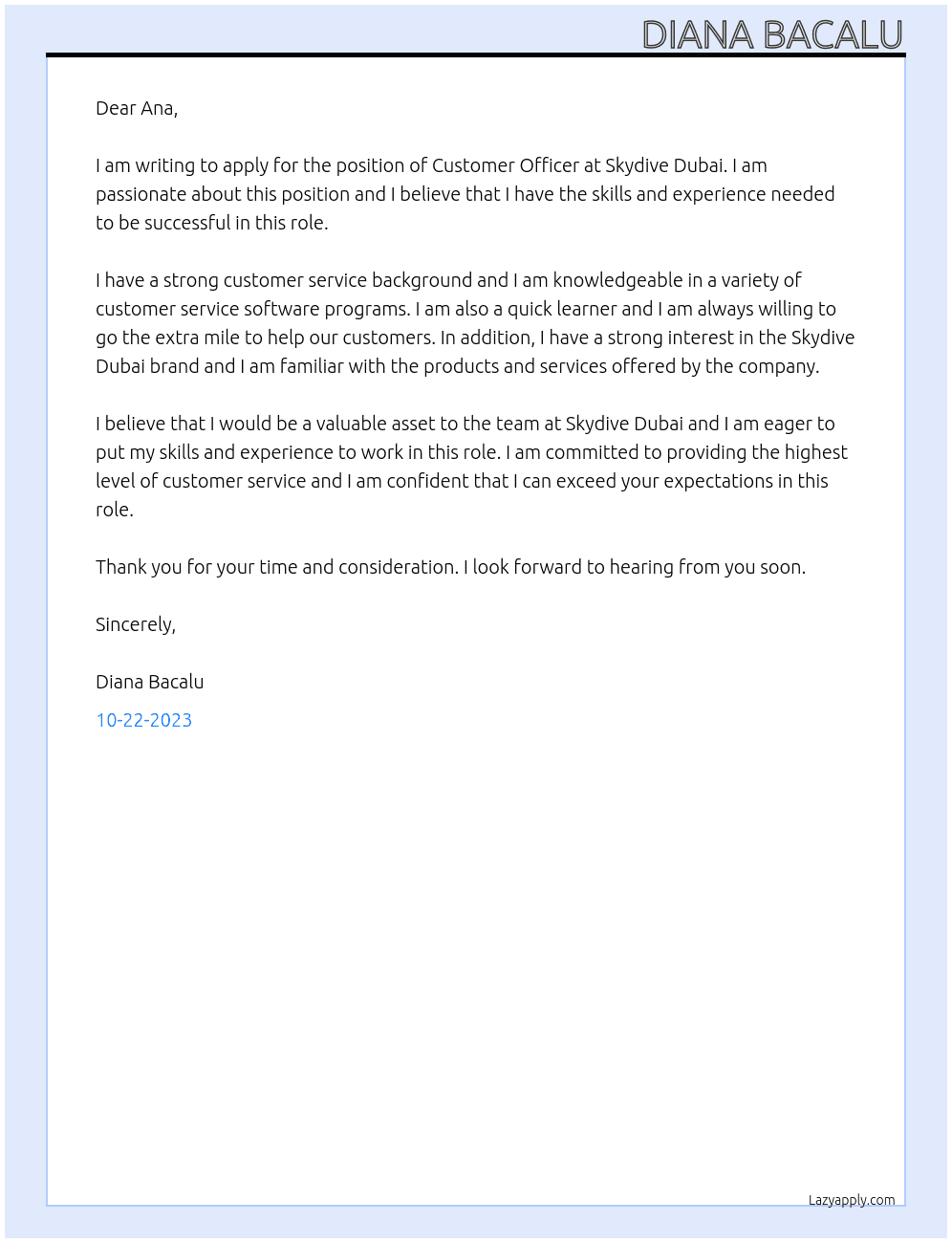 Customer officer At Skydive Dubai Cover Letter