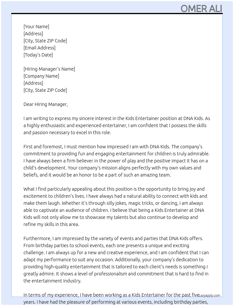 Kids entertainer At DNA Kids Cover Letter