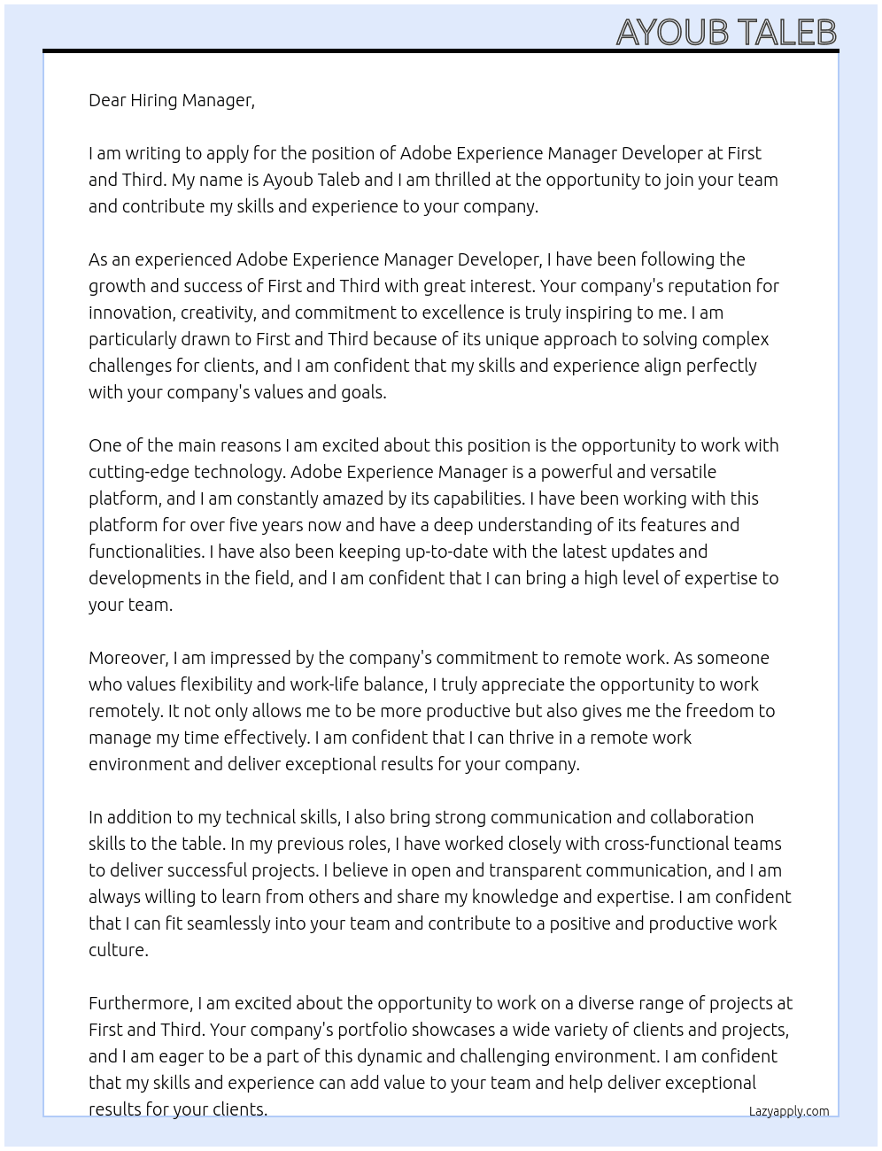 Adobe experience manager developer At First and Third Cover Letter