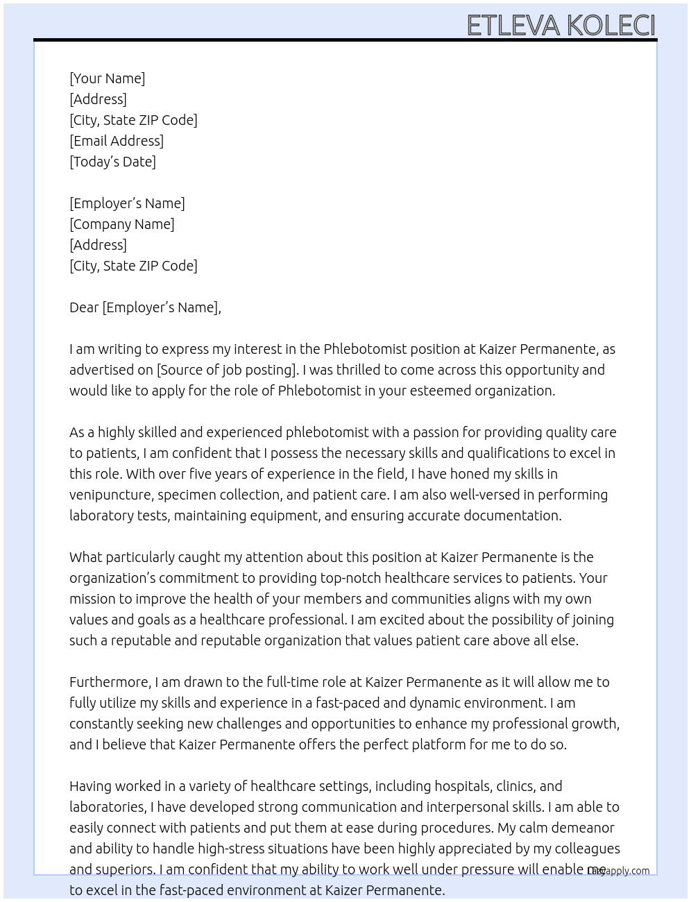 Phlebotomist At Kaizer Permanente Cover Letter