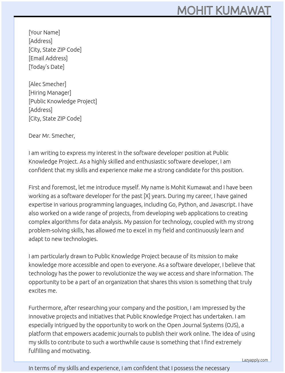 software developer At Public Knowledge Project Cover Letter