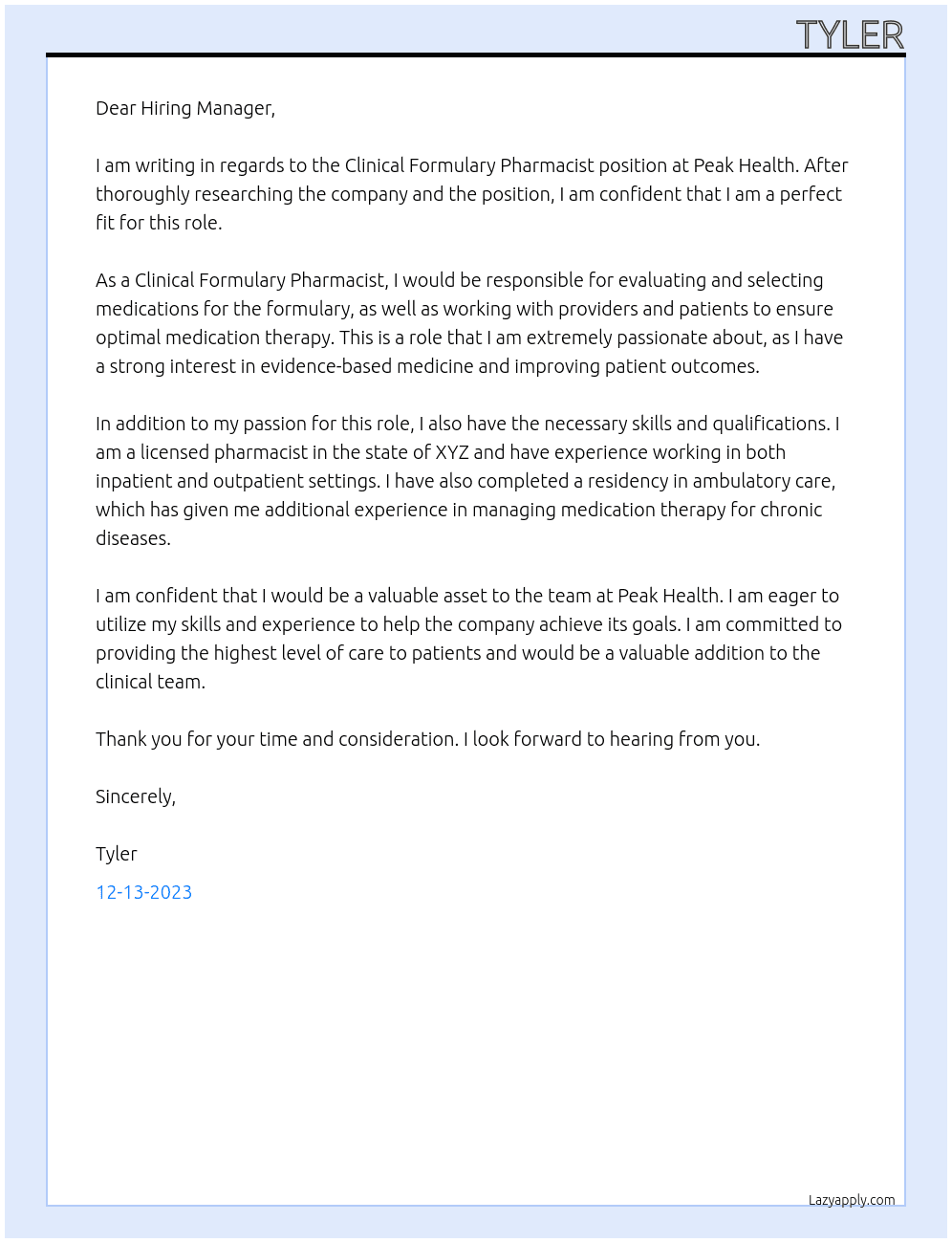 Clinical Formulary Pharmacist At Peak Health Cover Letter