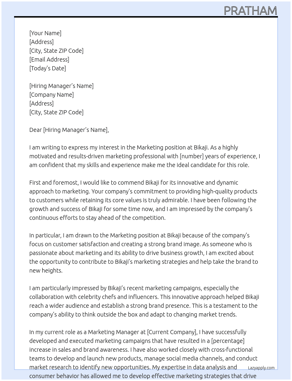 Marketing At Bikaji Cover Letter