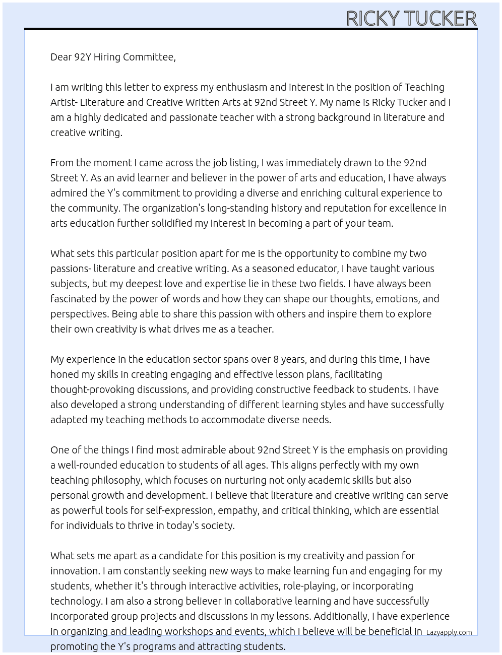 Teaching Artist - Literature and Creative Written Arts At 92nd Street Y Cover Letter
