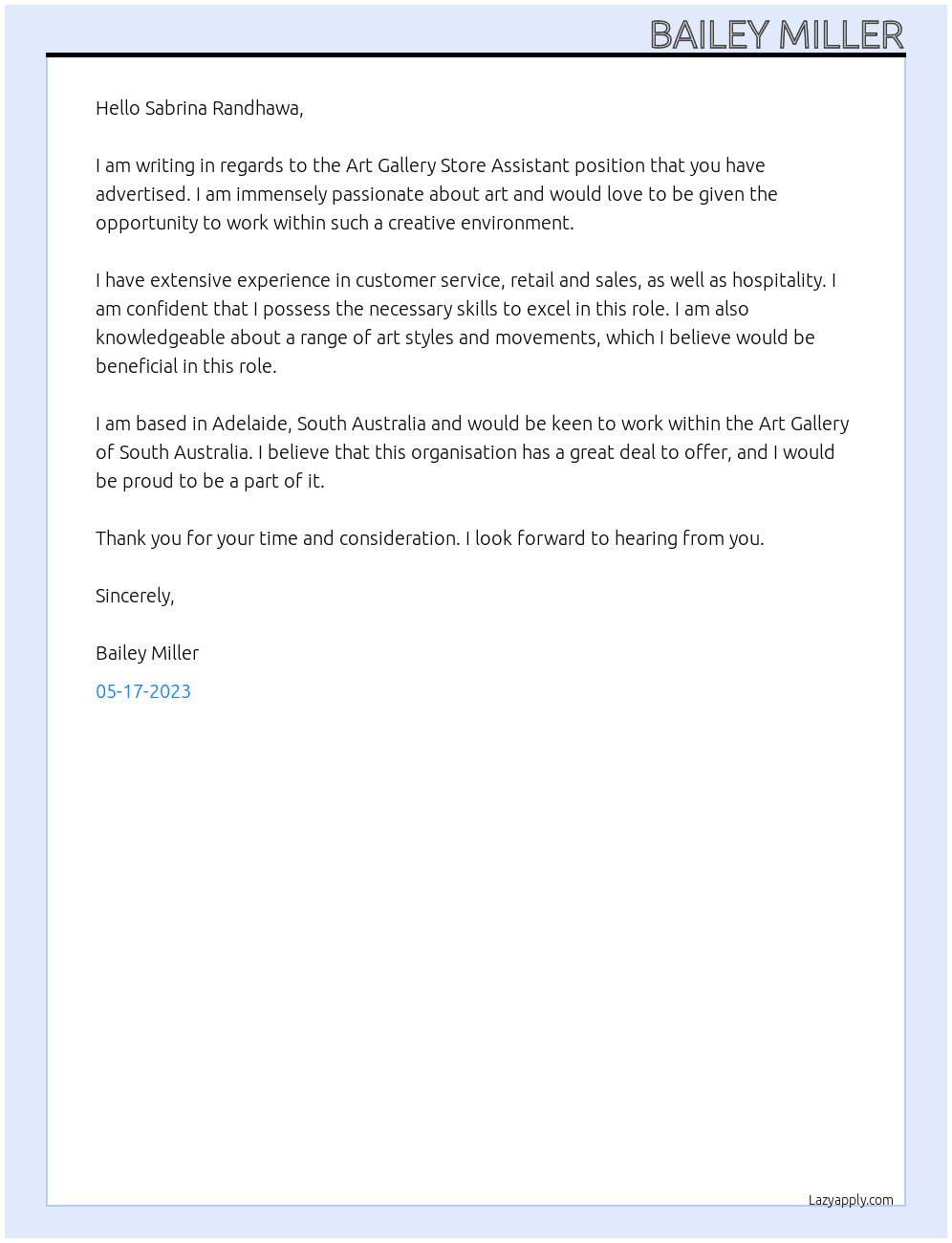 Art Gallery Store Assistant At Art Gallery Of South Australia Cover Letter