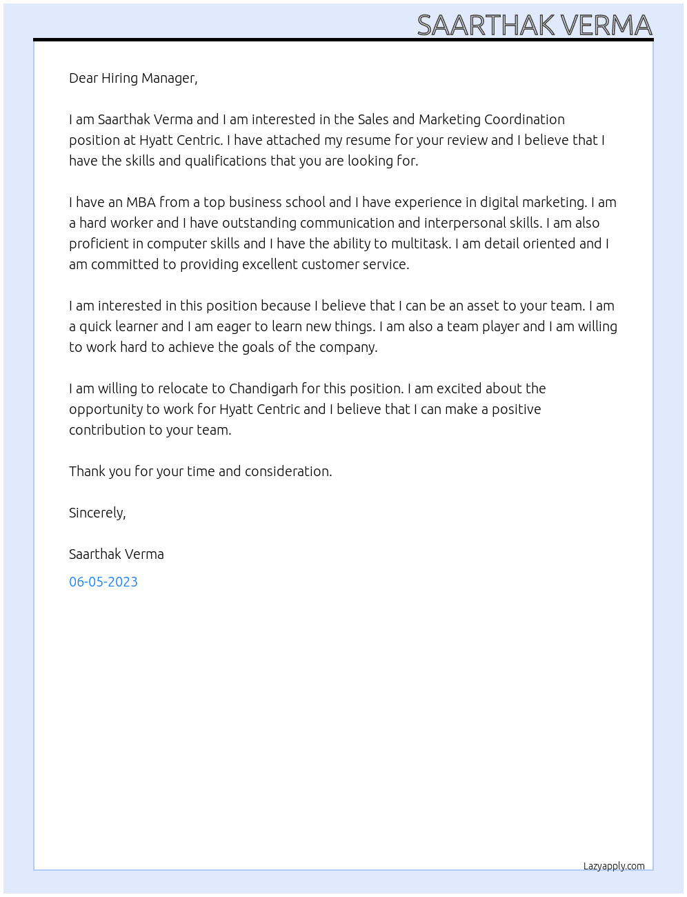 Sales and Marketing Coordination  At Hyatt Centric Cover Letter