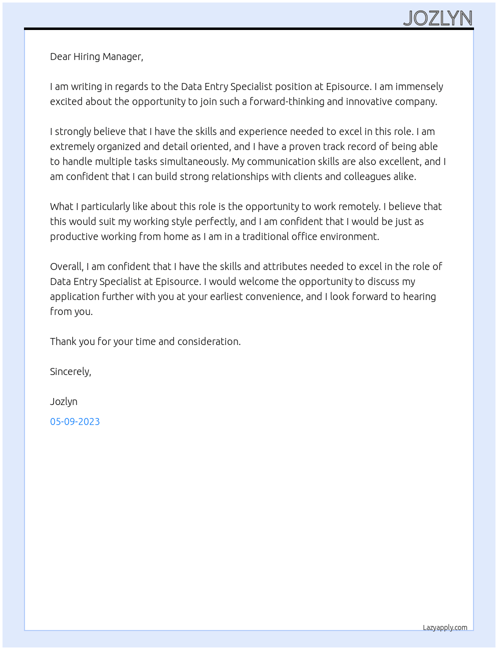 Data Entry Specalist  At Episource Cover Letter