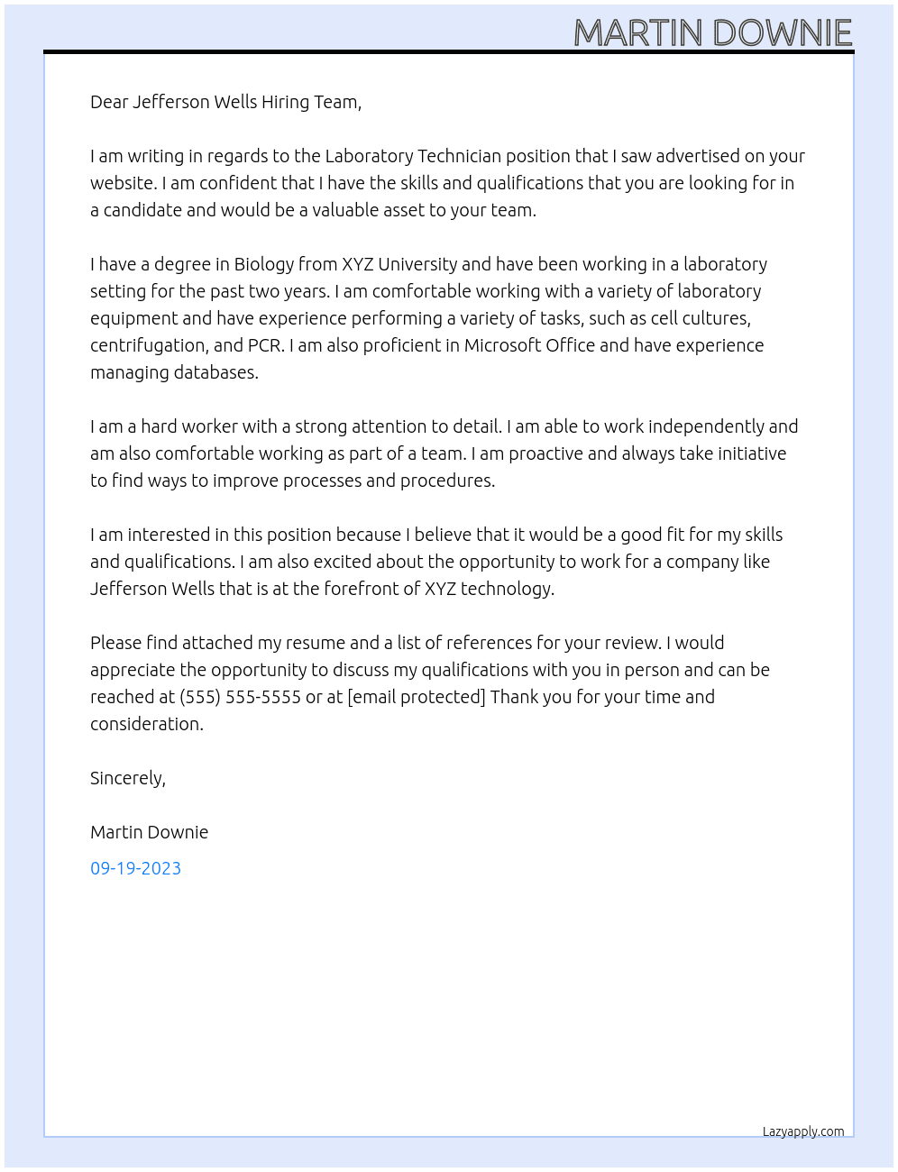 Laboratory Technician At Jefferson Wells Cover Letter