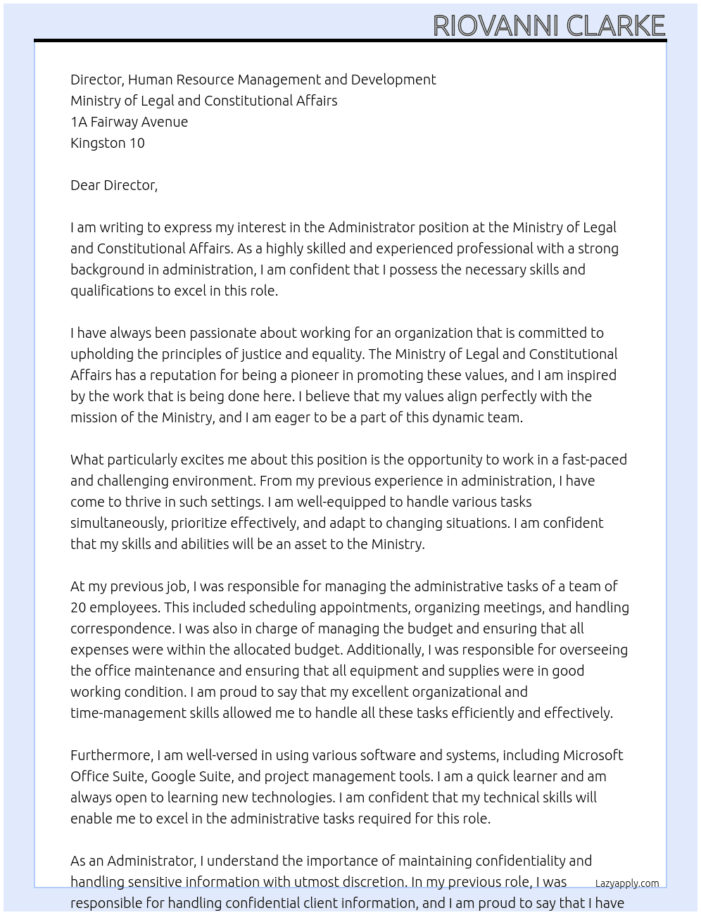 Administrator At Ministry of Legal and Constitutional Affairs Cover Letter