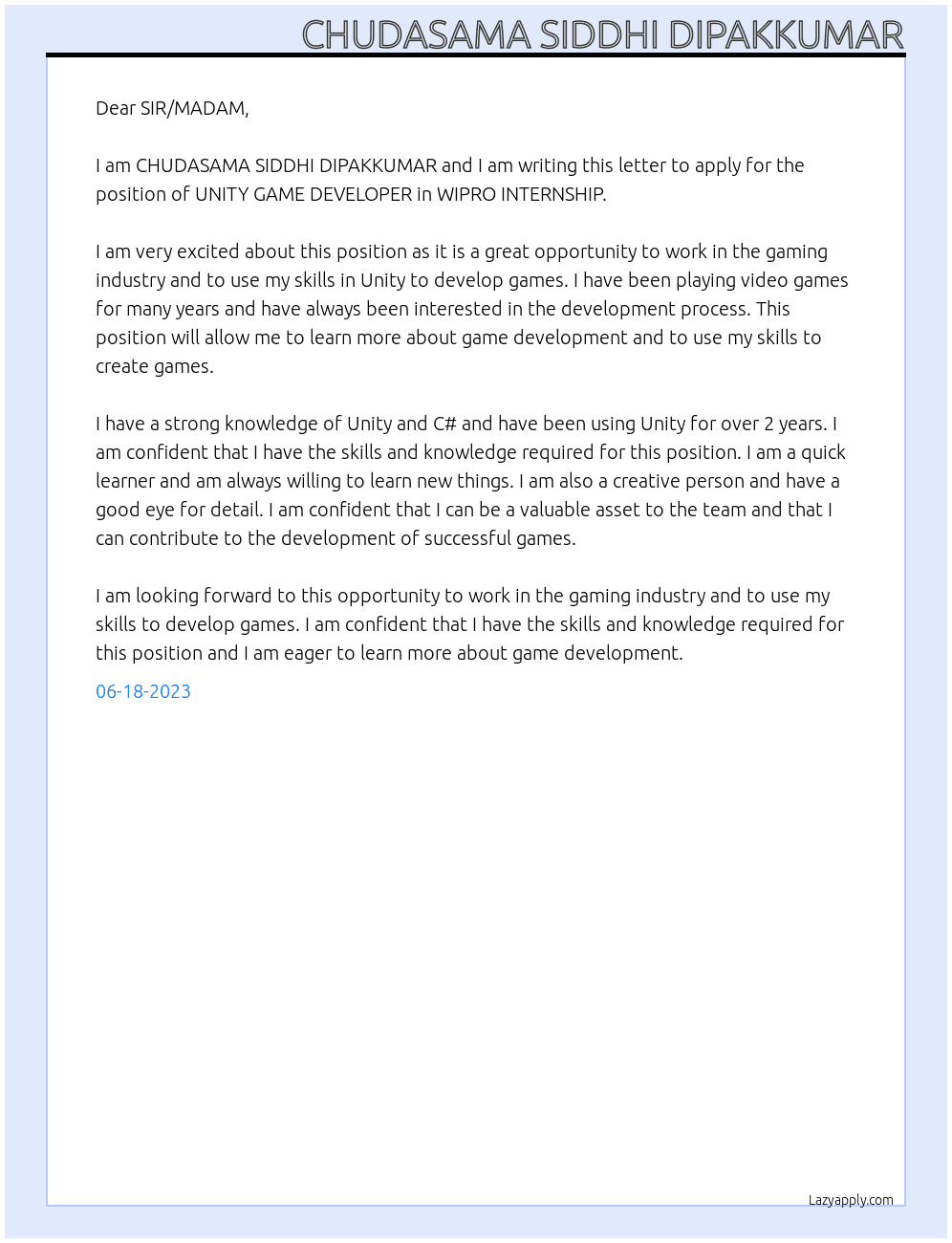 UNITY GAME DEVELOPER At WIPRO INTERNSHIP Cover Letter