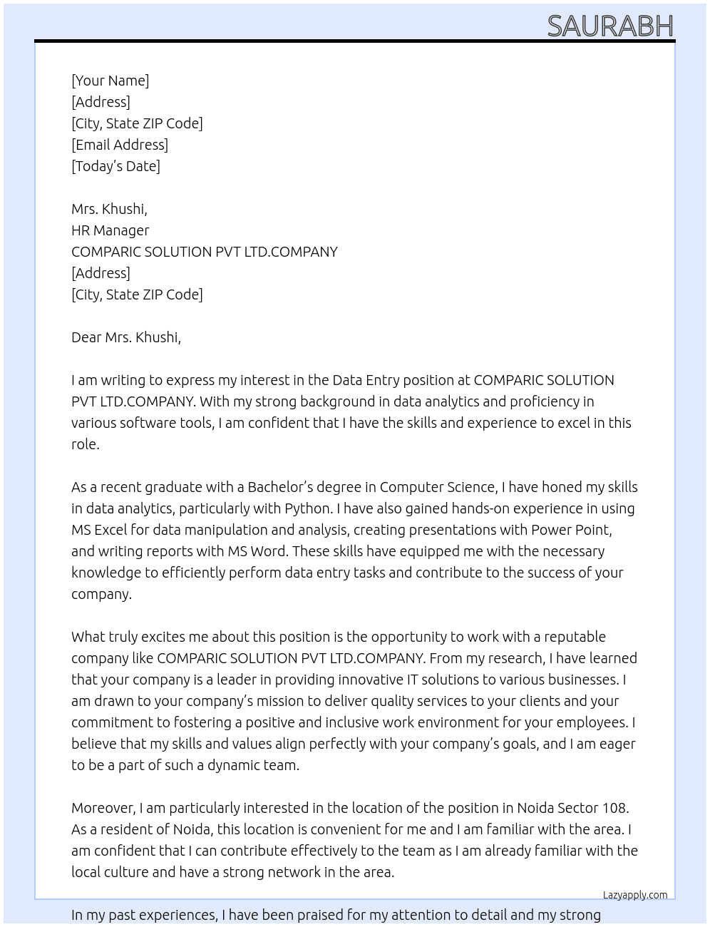 data entry  At COMPARIC SOLUTION PVT LTD.COMPANY Cover Letter