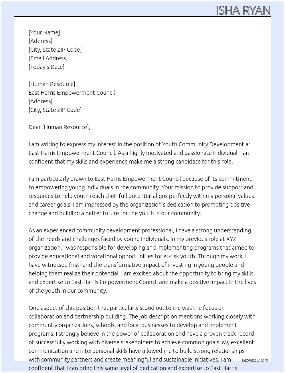 youth community development At East Harris Empowerment Council  Cover Letter