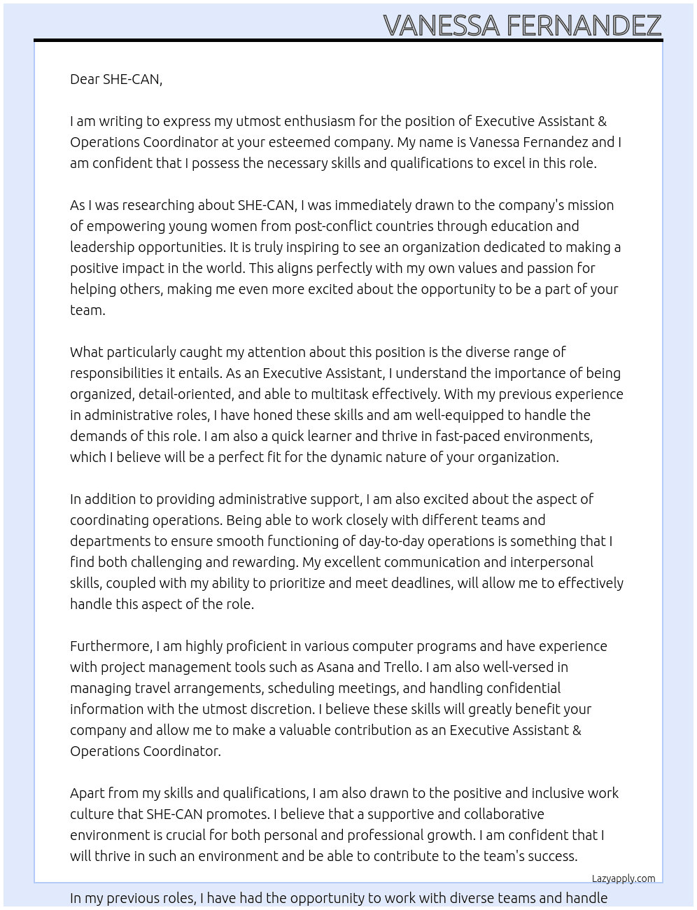 Executive Assistant & Operations Coordinator At SHE-CAN Cover Letter