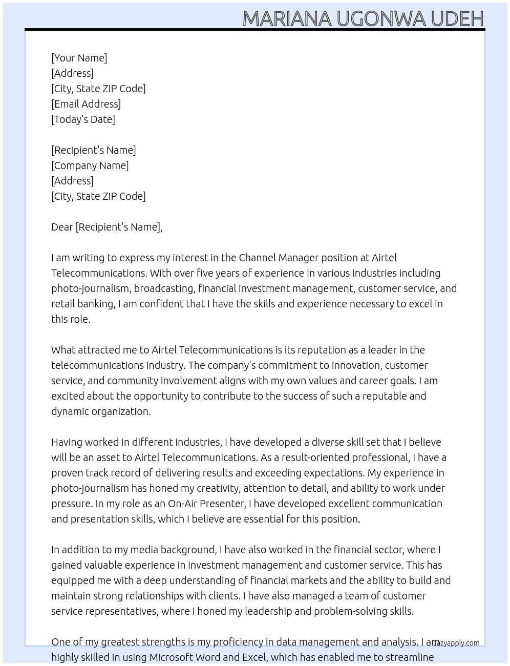 Channel manager At Airtel telecommunications  Cover Letter