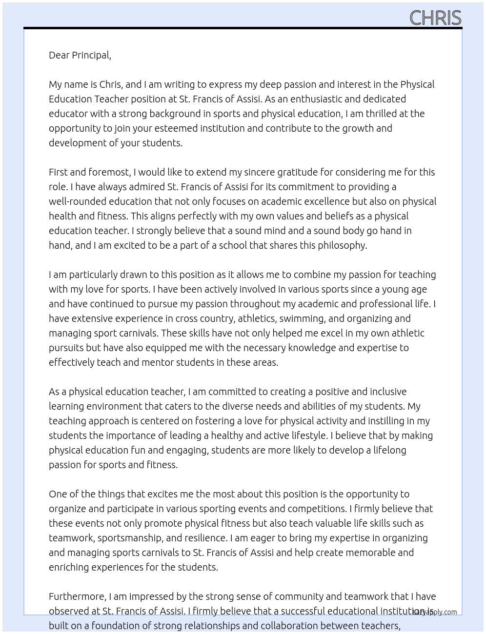 Physical Education Teacher At St. Francis of Assisi Cover Letter