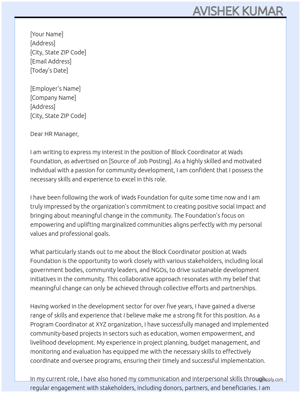 Block Coordinator  At Wads Foundation  Cover Letter