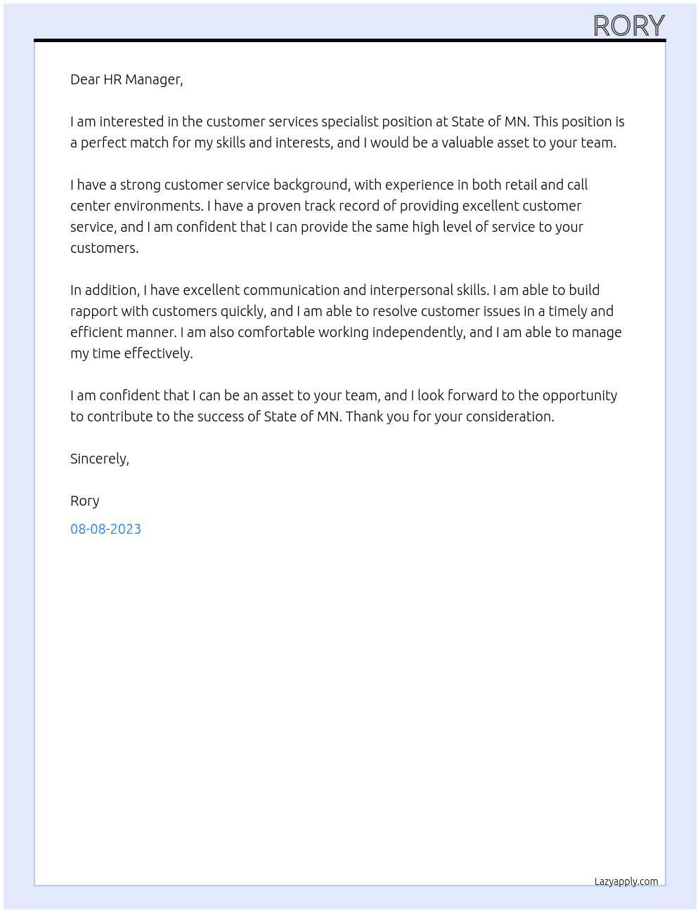 customer services specialist At State of MN Cover Letter