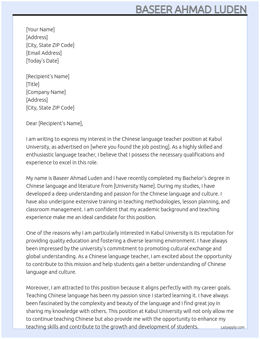 Chinese language teacher  At Kabul University  Cover Letter