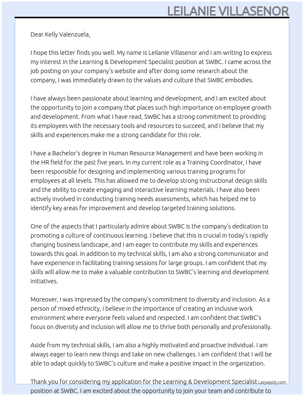 Learning & Development Specialist At  SWBC Cover Letter