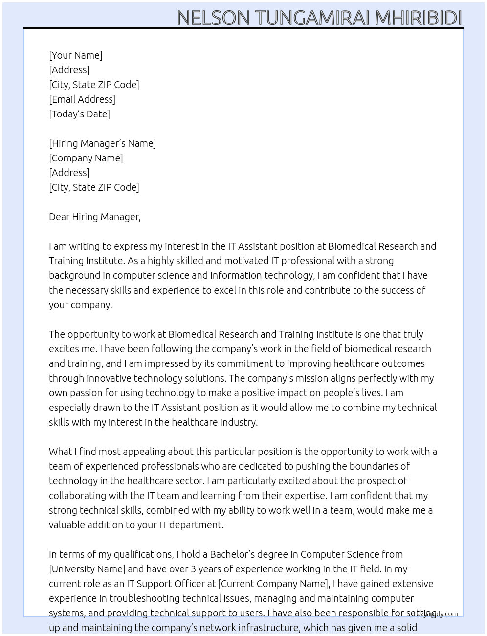 IT Assistant At Biomedical Research and Training Institute Cover Letter