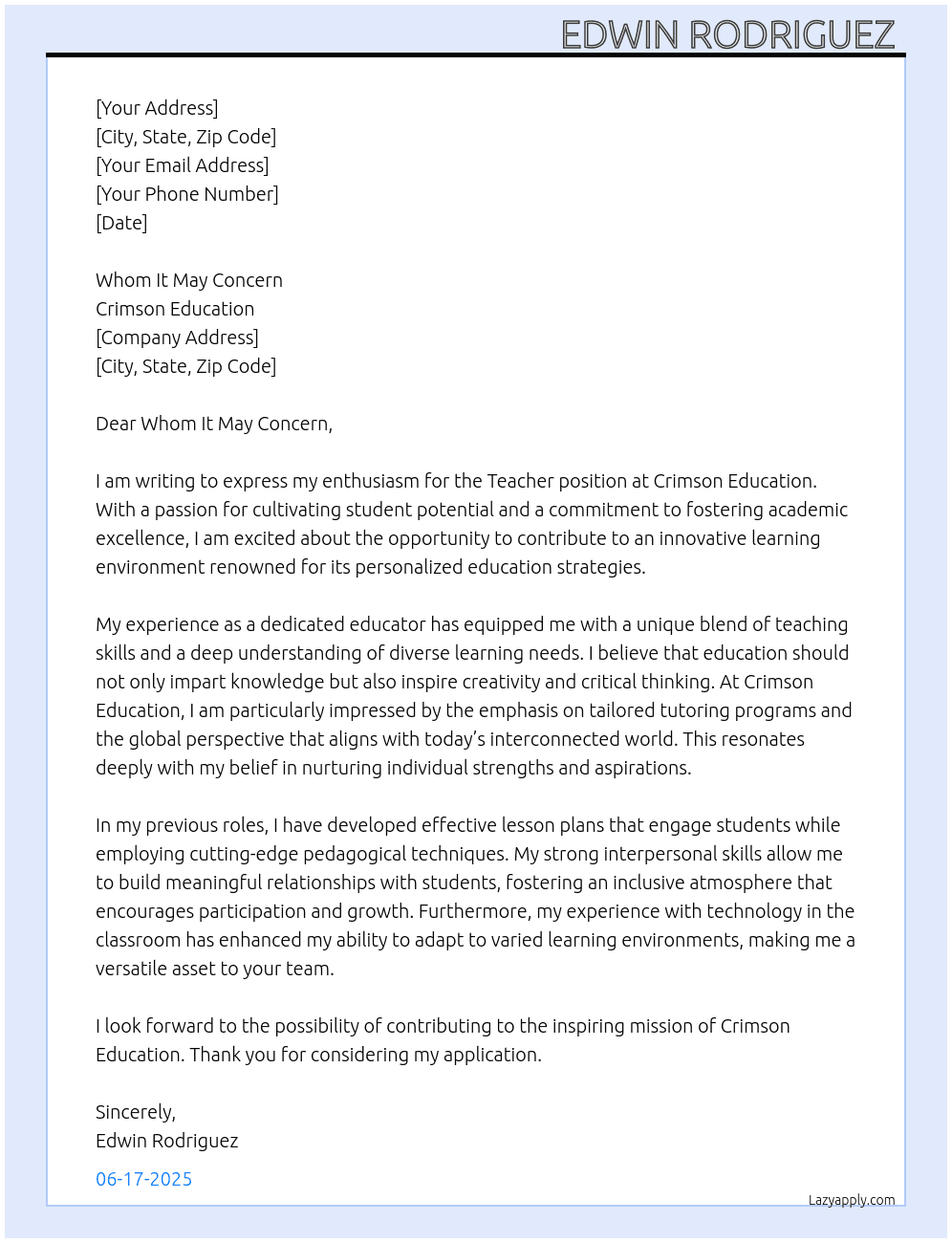 Teacher At Crimson Education  Cover Letter