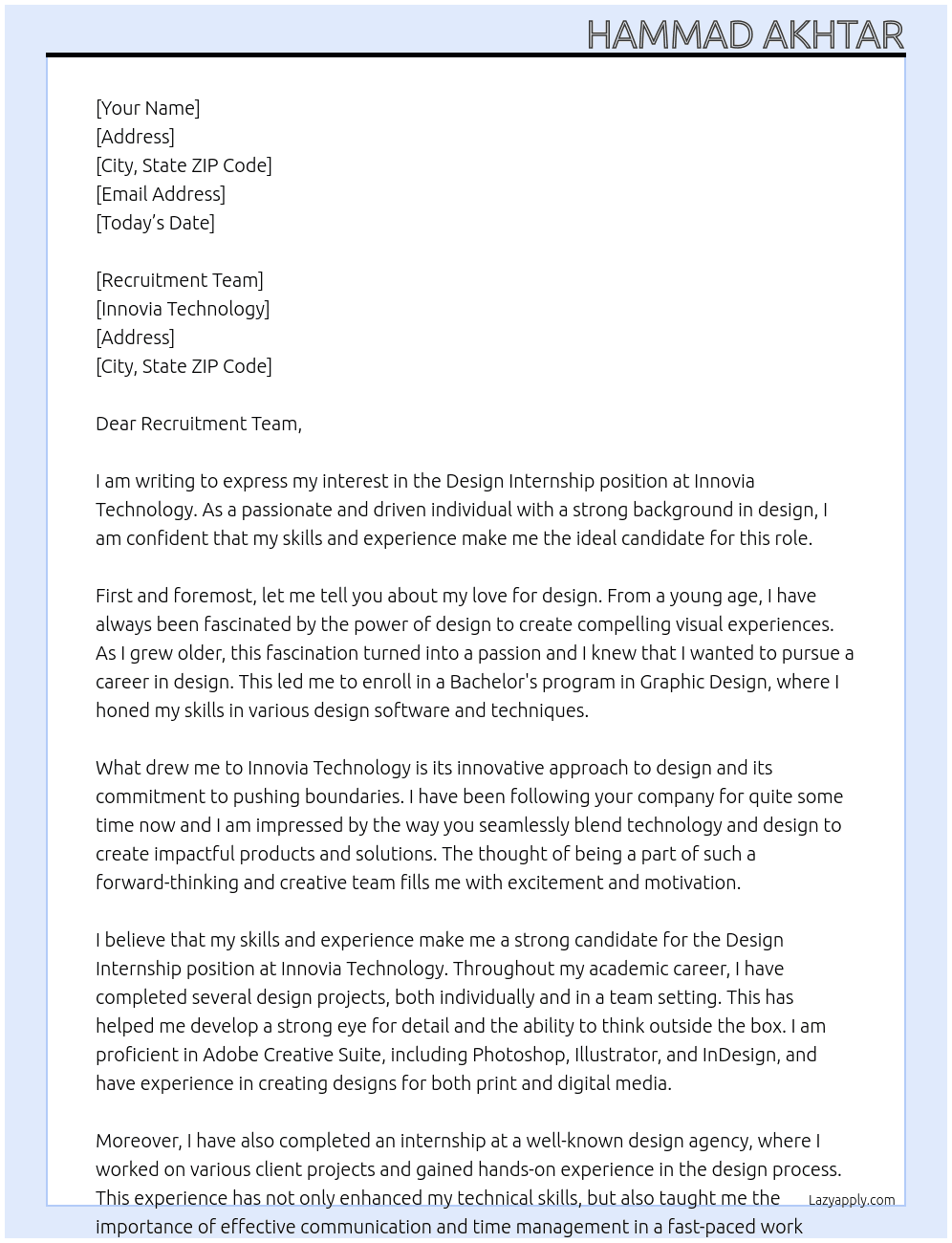 Design Internship At Innovia Technology Cover Letter