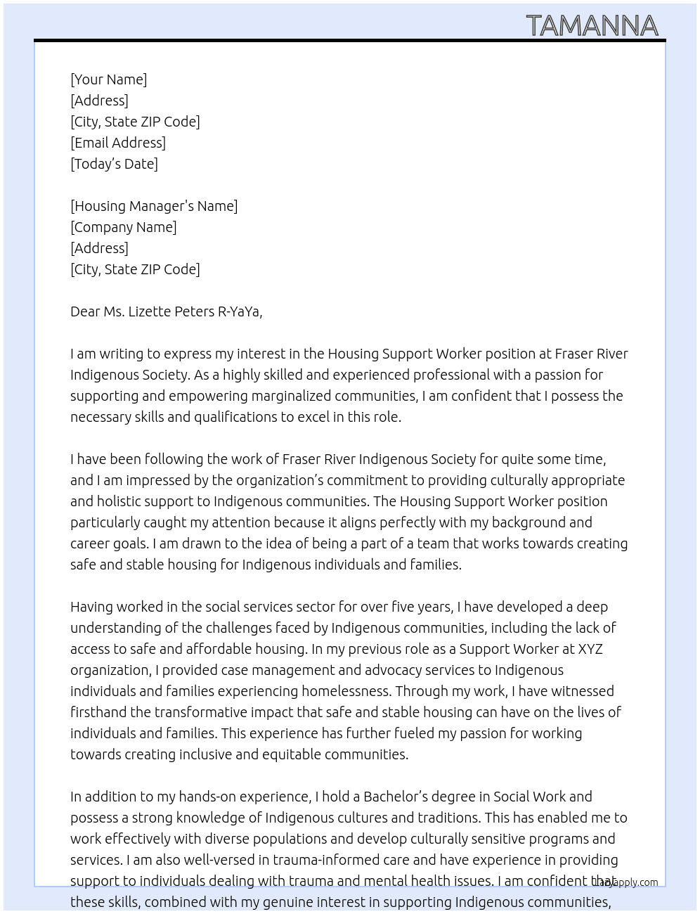 Housing Support Worker At Fraser River Indigenous Society  Cover Letter