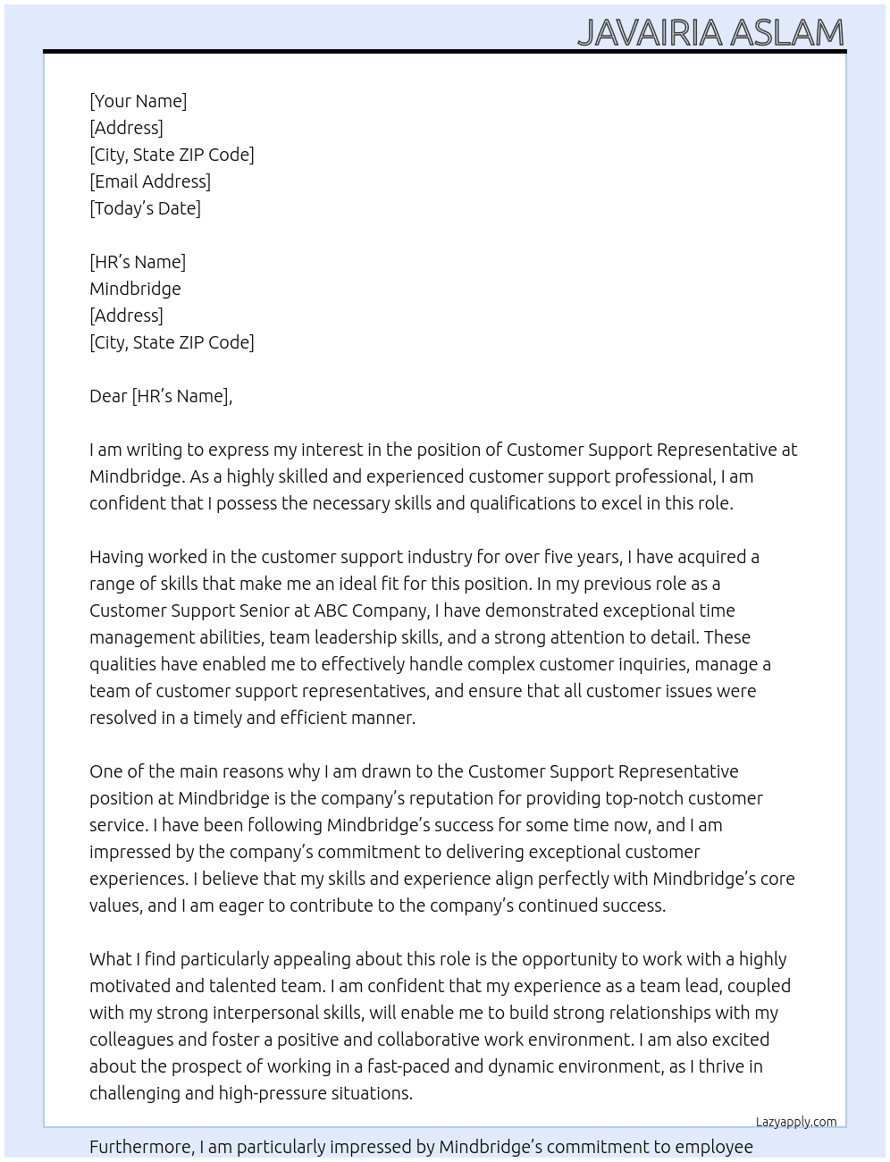 Customer support representative  At Mindbridge  Cover Letter