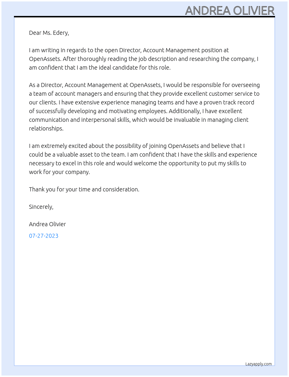 Director, Account Management At OpenAssets Cover Letter