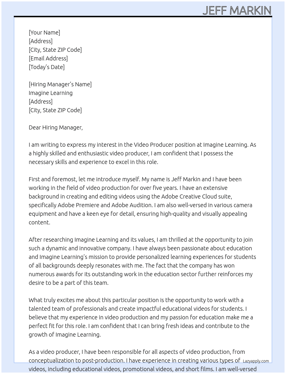 Video Producer At Imagine Learning Cover Letter