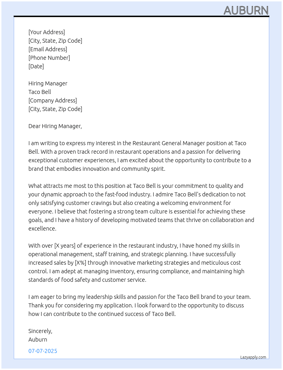 resteraunt general manager At Taco Bell Cover Letter