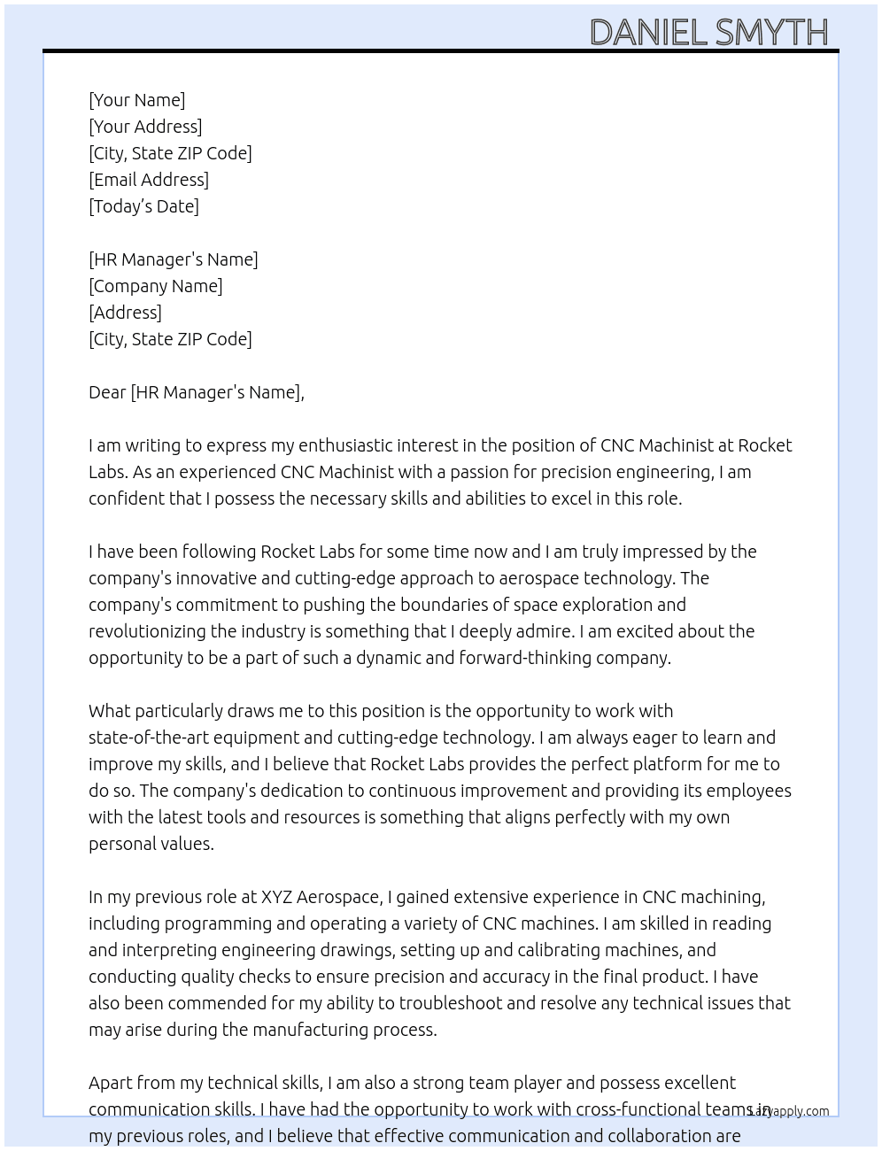 CNC machinest At Rocket labs  Cover Letter