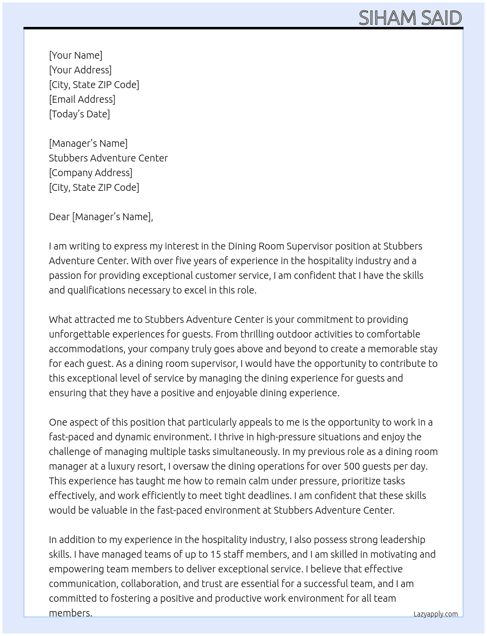 dining room supervisor  At stubbers adventure center Cover Letter