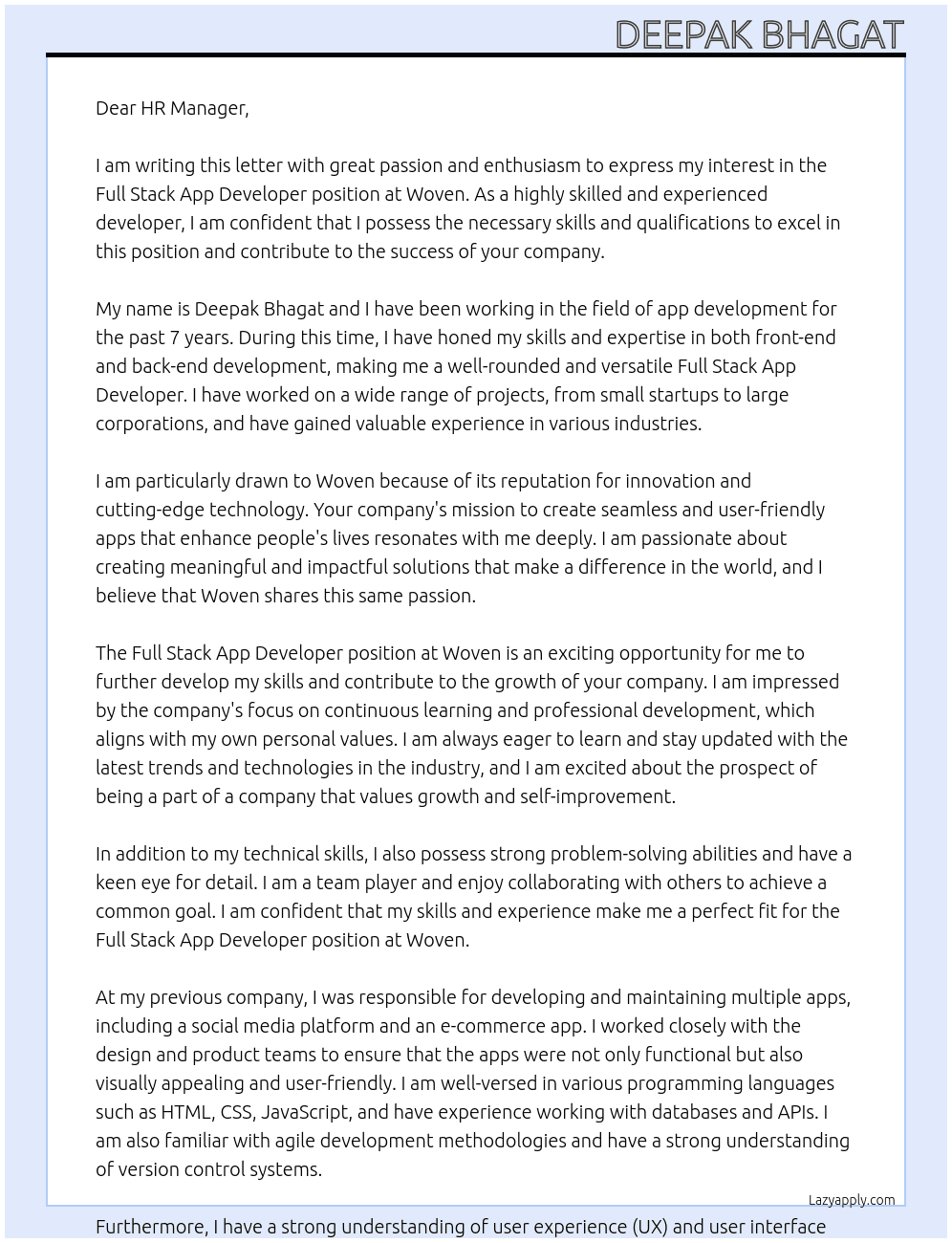 Full Stack App Developer At Woven Cover Letter