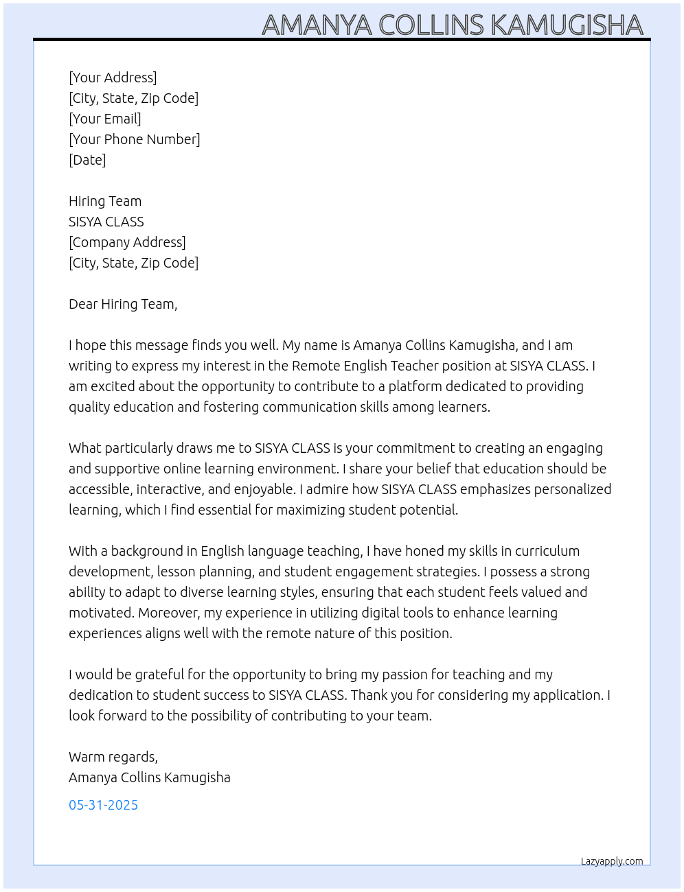 Remote English Teacher Online  At SISYA CLASS Cover Letter