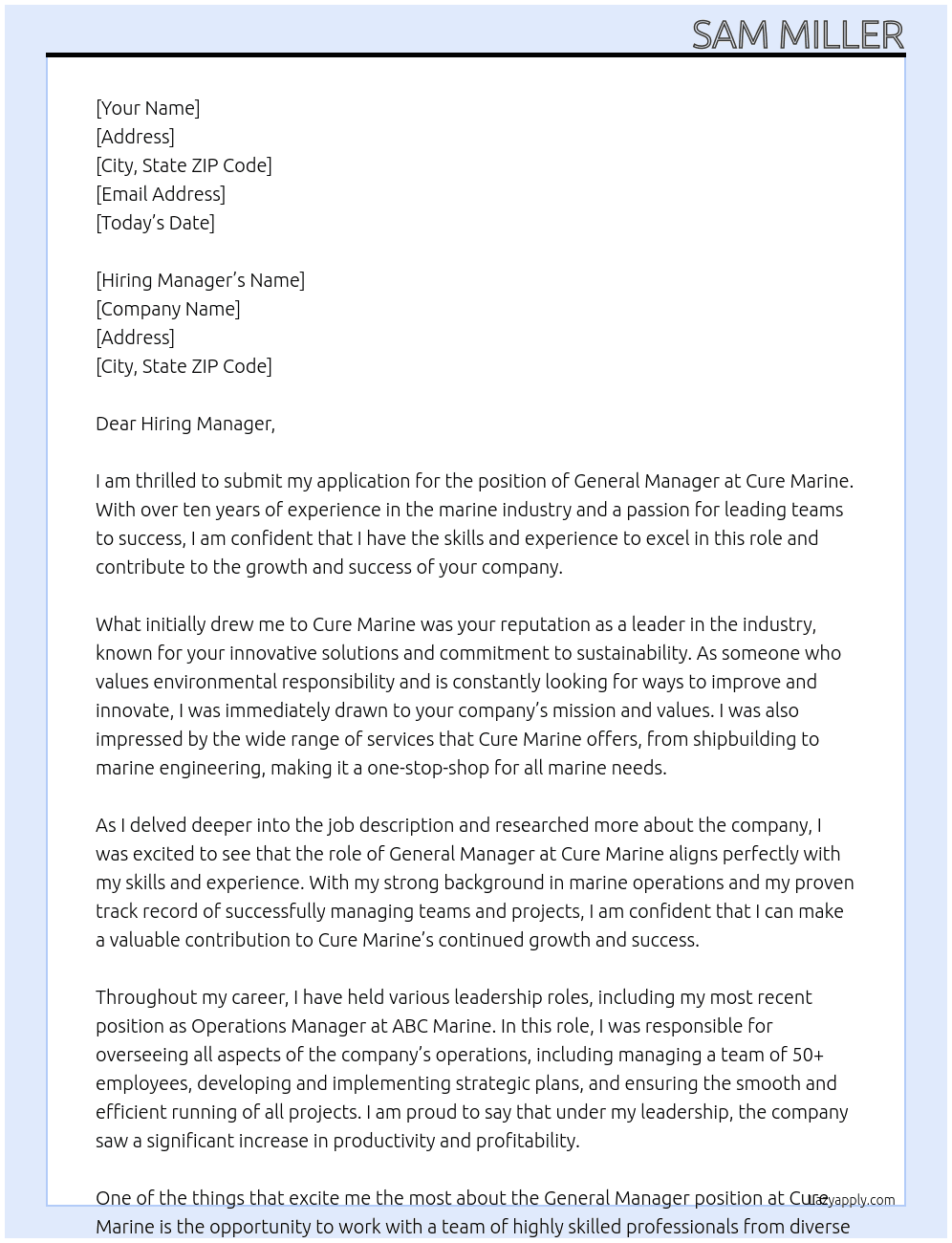 General Manager  At Cure Marine  Cover Letter