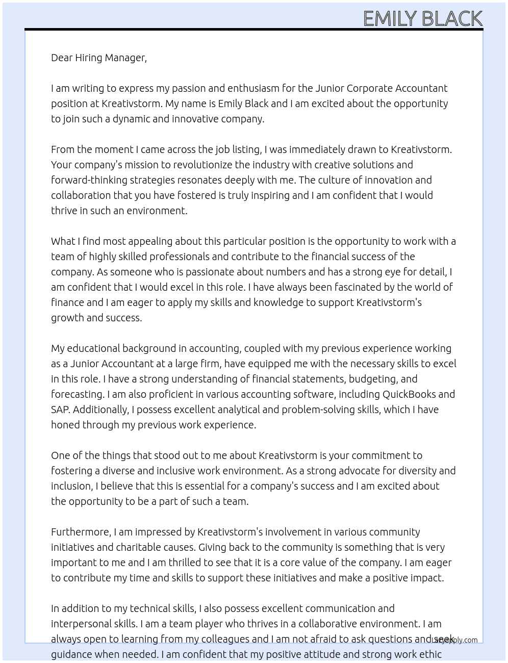 Junior Corporate Accountant At Kreativstorm Cover Letter
