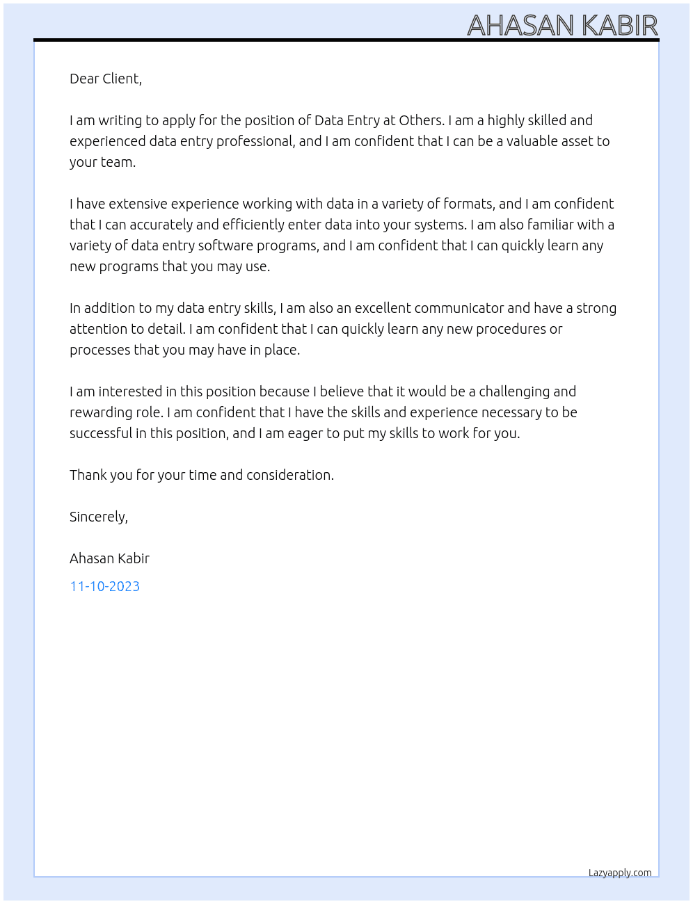Data Entry At Others Cover Letter