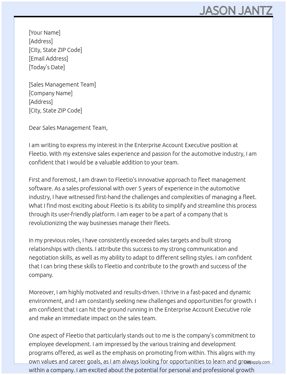 Enterprise Account Executive At Fleetio Cover Letter