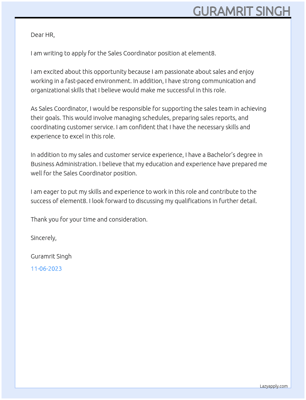Sales Coordinator At element8 Cover Letter