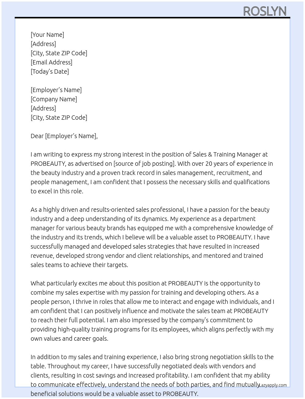 Sales & Training Manager At PROBEAUTY Cover Letter